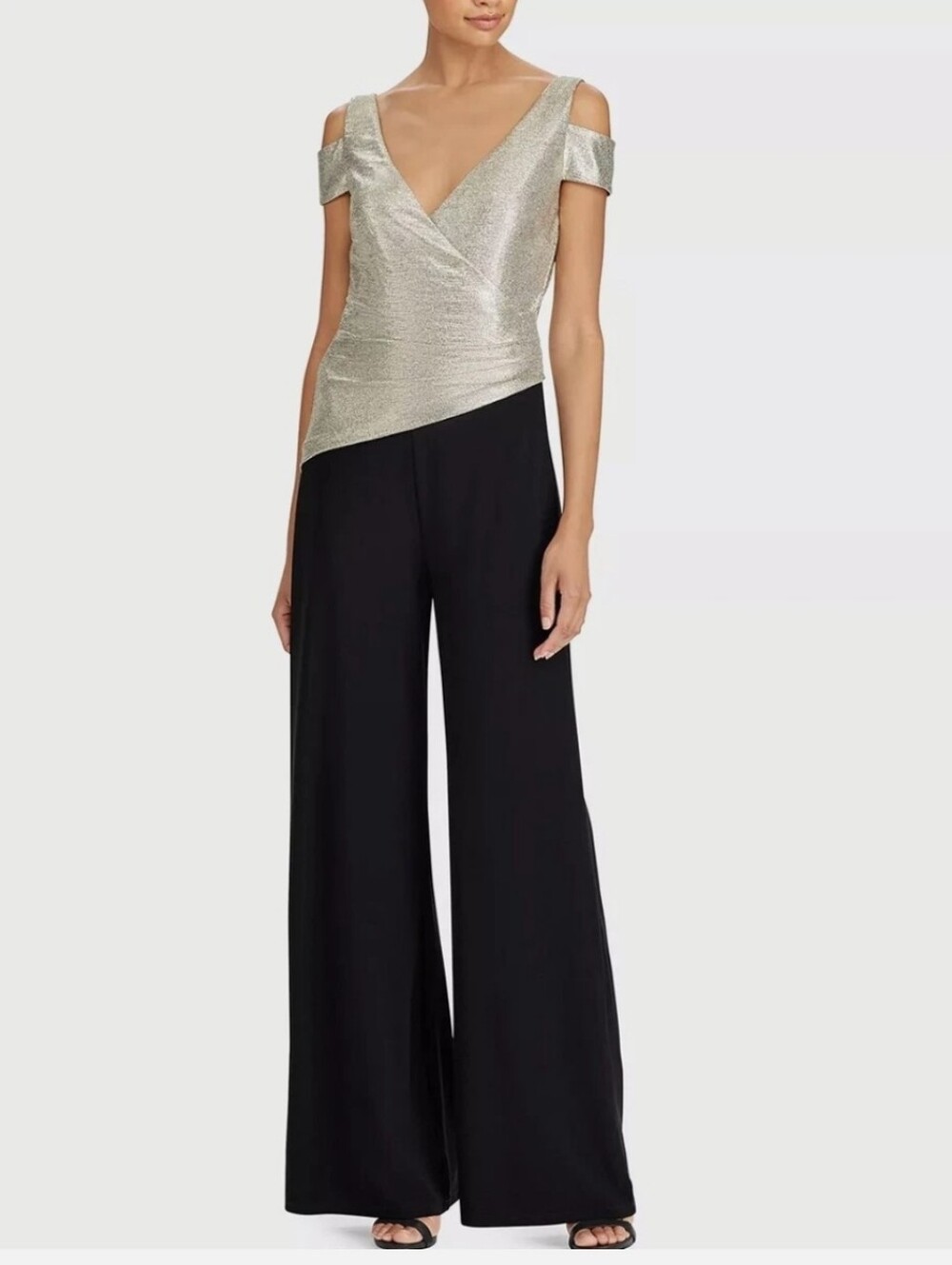 Lauren Ralph Lauren Cold Shoulder V- Neck Black And Gold Jumpsuit.